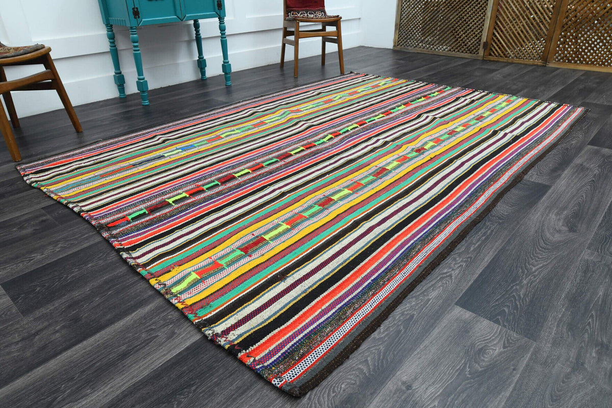 El yapımı vintage halı 185x269 cm çizgili desenli yün - detay görünümü