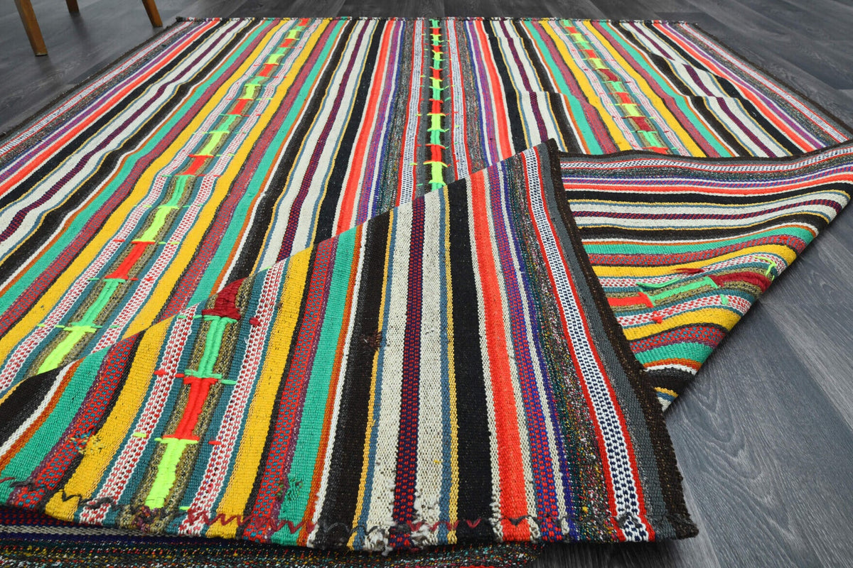 El yapımı vintage halı 185x269 cm çizgili desenli yün - üstten görünüm