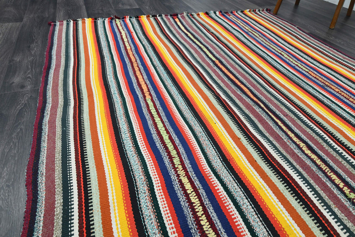 Turkish Vintage Striped Flatweave Carpet