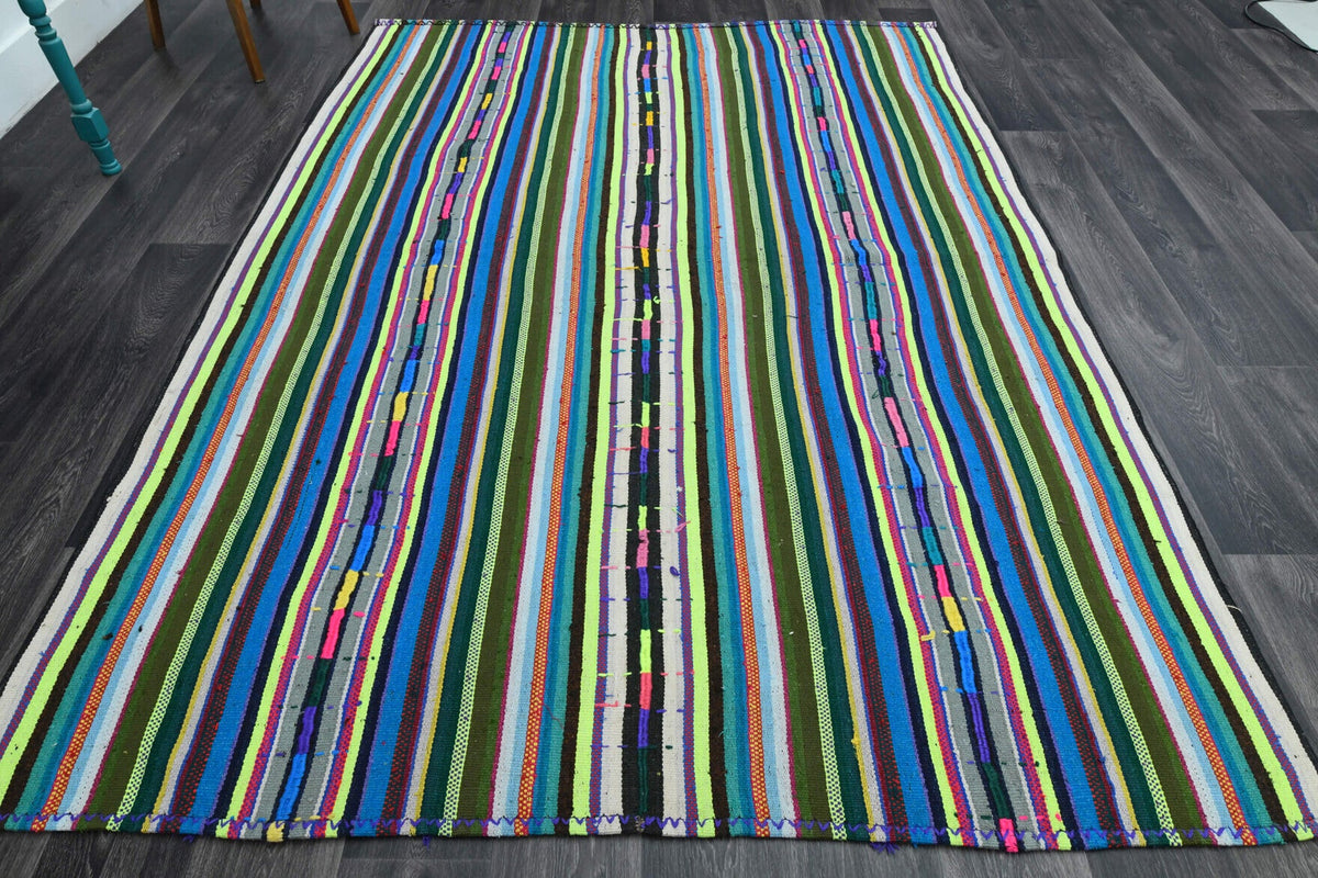 El yapımı vintage halı 196x272 cm çizgili desenli yün - detay görünümü