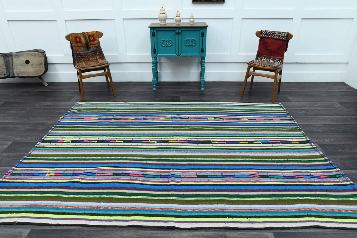 El yapımı vintage halı 196x272 cm çizgili desenli yün - yakın çekim doku detayı