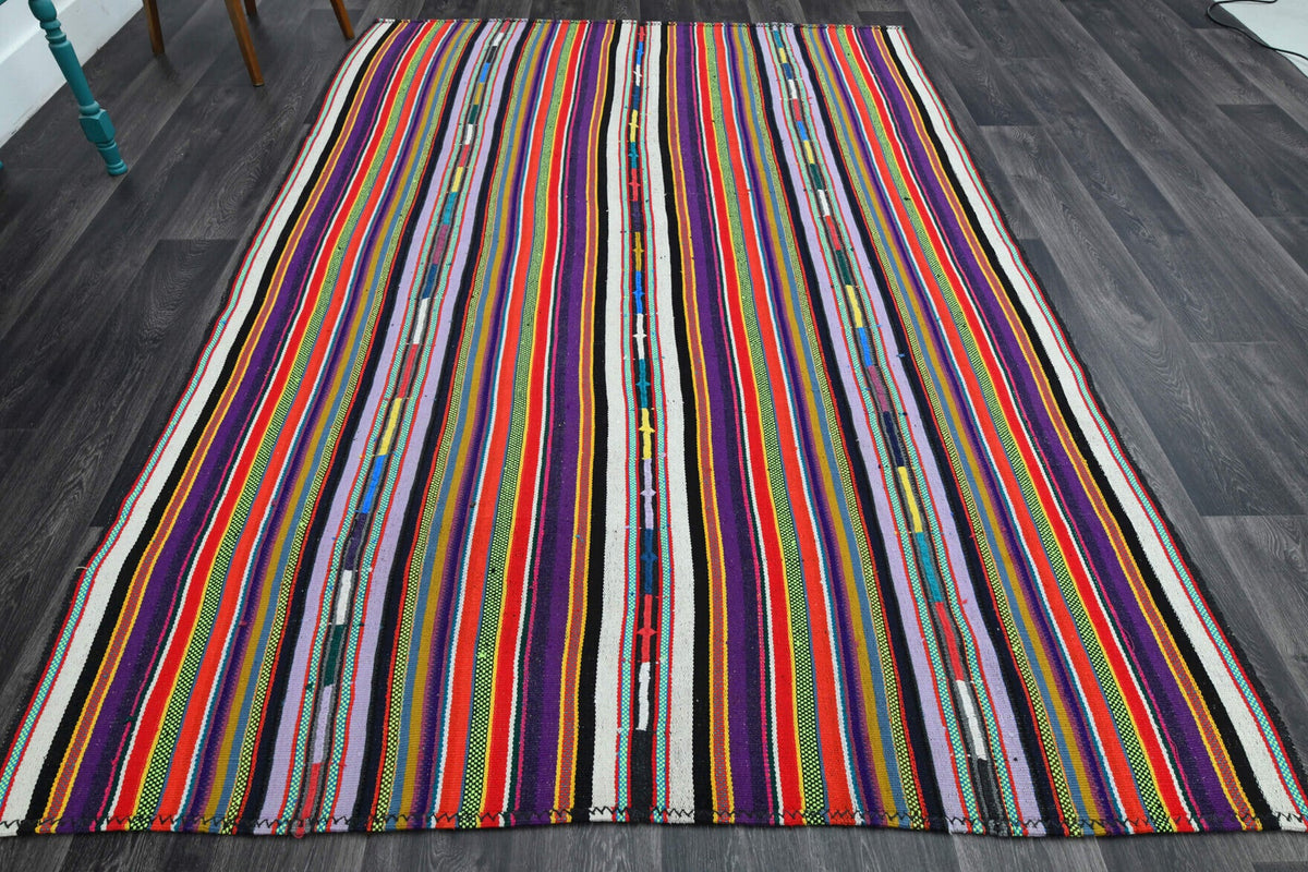 El yapımı vintage halı 193x272 cm çizgili desenli yün - detay görünümü