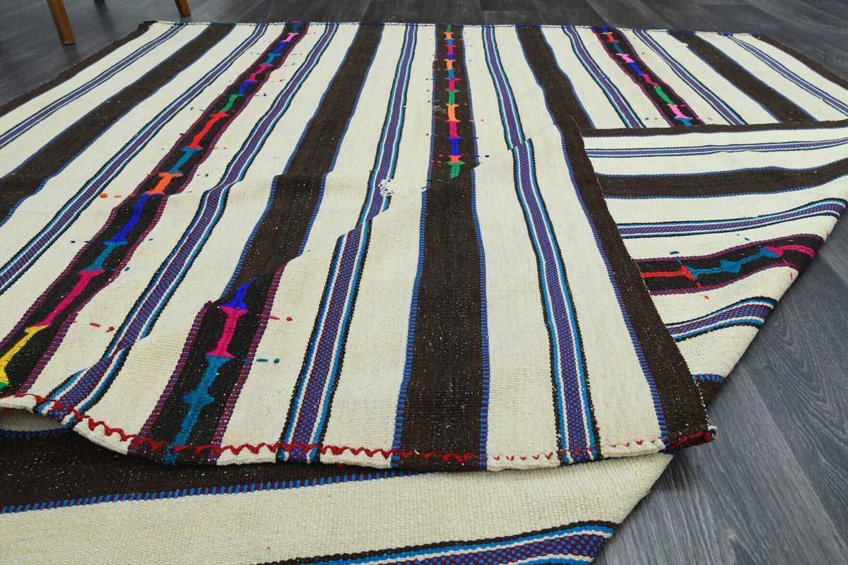 El yapımı vintage halı 196x229 cm çizgili desenli yün - üstten görünüm