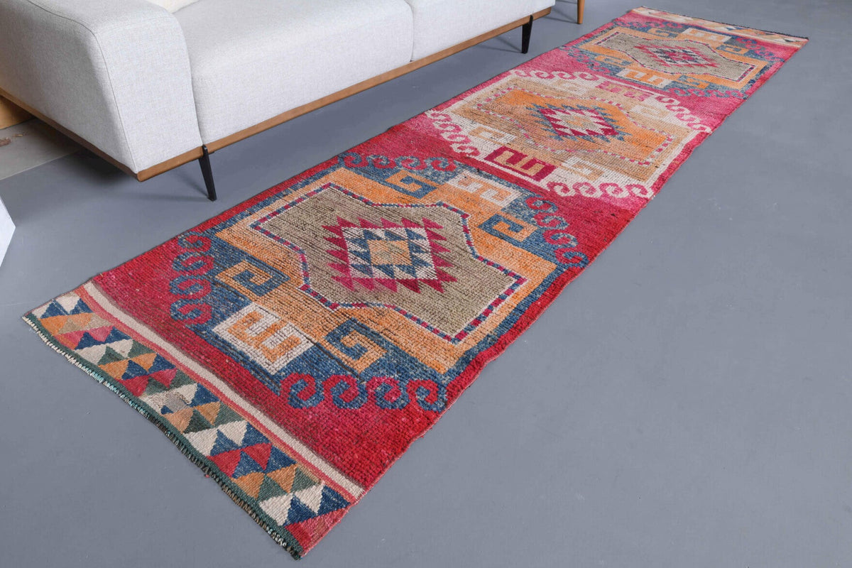 El yapımı vintage yolluk 94x356 cm tribal desenli yün - yakın çekim doku detayı