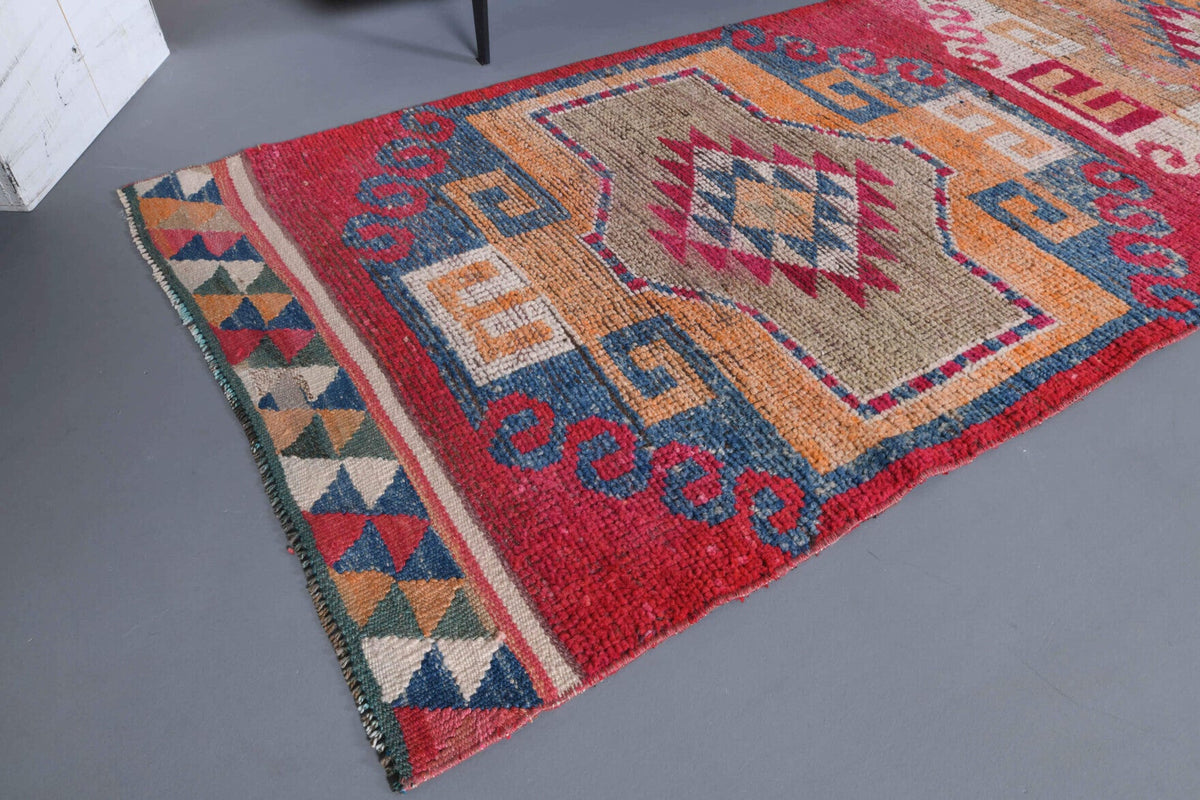 El yapımı vintage yolluk 94x356 cm tribal desenli yün - kenar ve saçak detayı