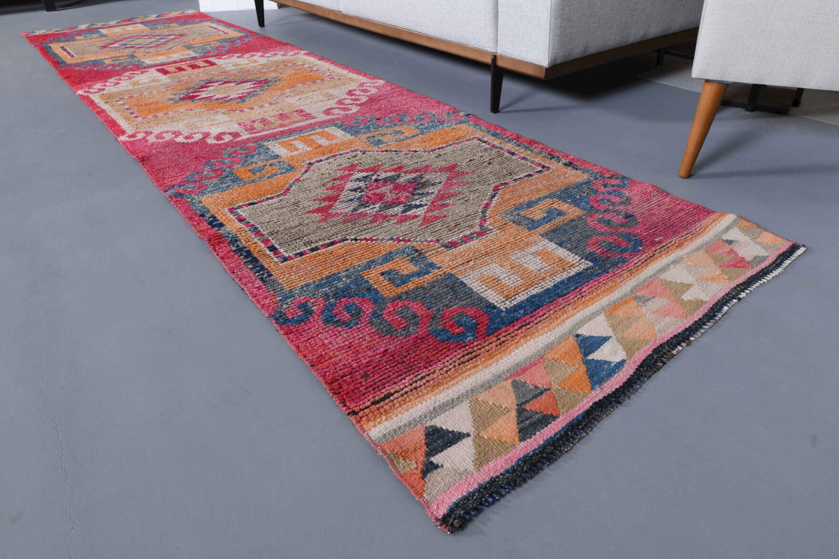 El yapımı vintage yolluk 94x356 cm tribal desenli yün - üstten görünüm
