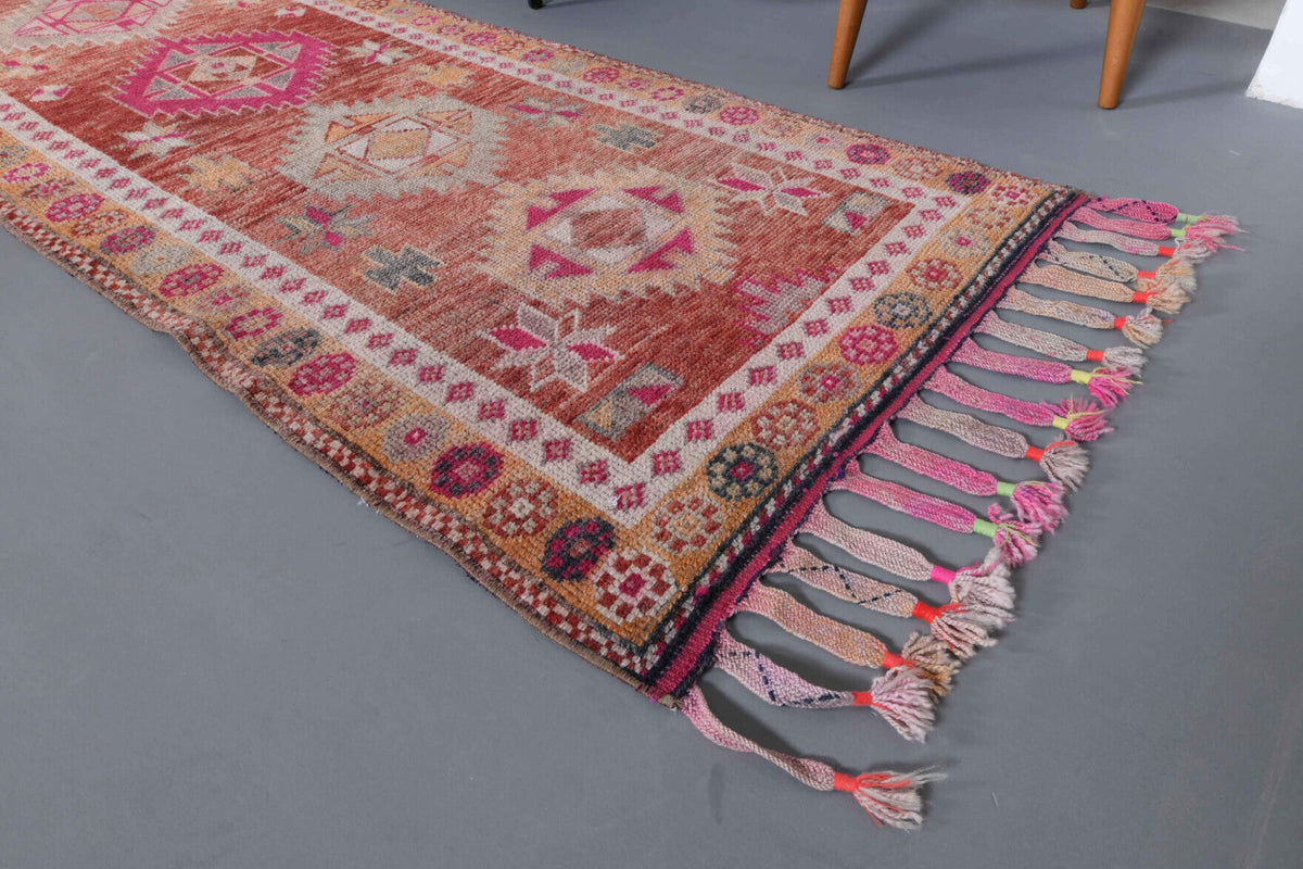El yapımı vintage yolluk 91x391 cm oryantal desenli yün - kenar ve saçak detayı