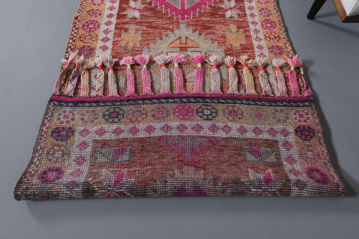 El yapımı vintage yolluk 91x391 cm oryantal desenli yün - üstten görünüm