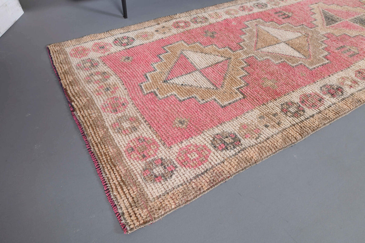 El yapımı vintage yolluk 91x363 cm tribal desenli yün - kenar ve saçak detayı