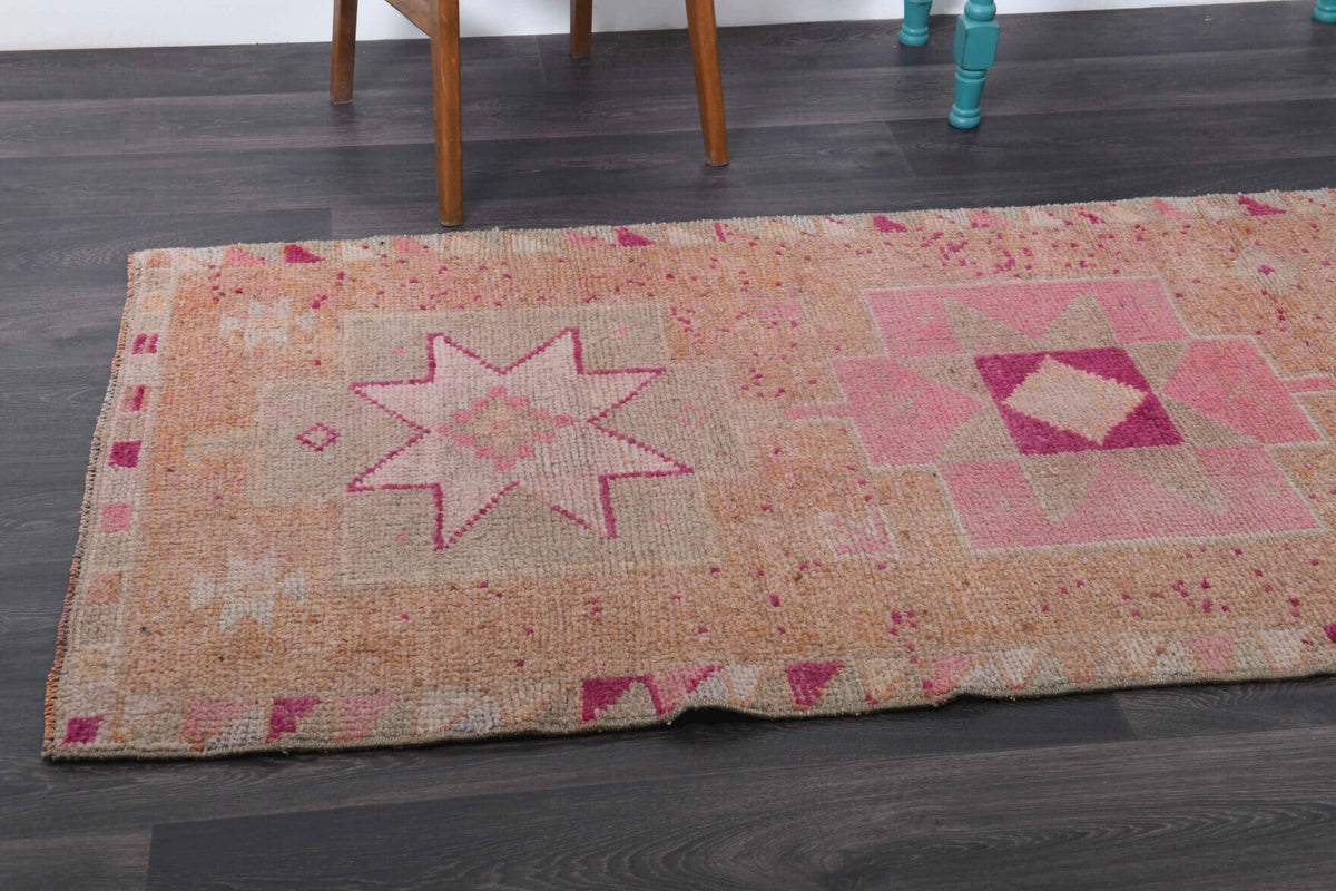 El yapımı vintage yolluk 102x300 cm tribal desenli yün - kenar ve saçak detayı