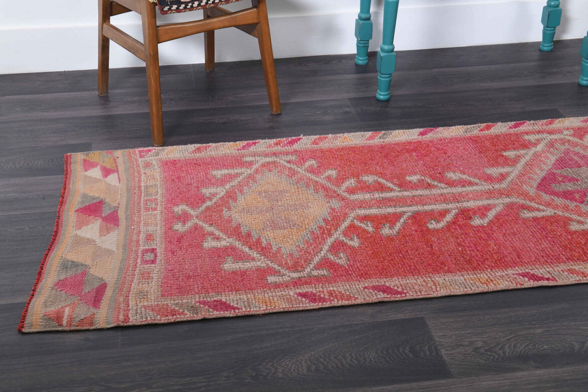 El yapımı vintage yolluk 86x292 cm tribal desenli yün - kenar ve saçak detayı
