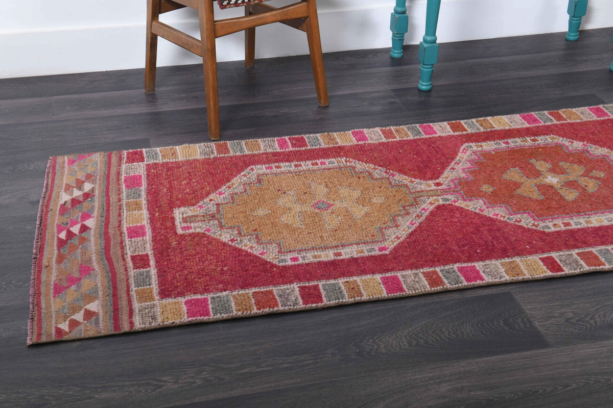 El yapımı vintage yolluk 89x340 cm tribal desenli yün - kenar ve saçak detayı