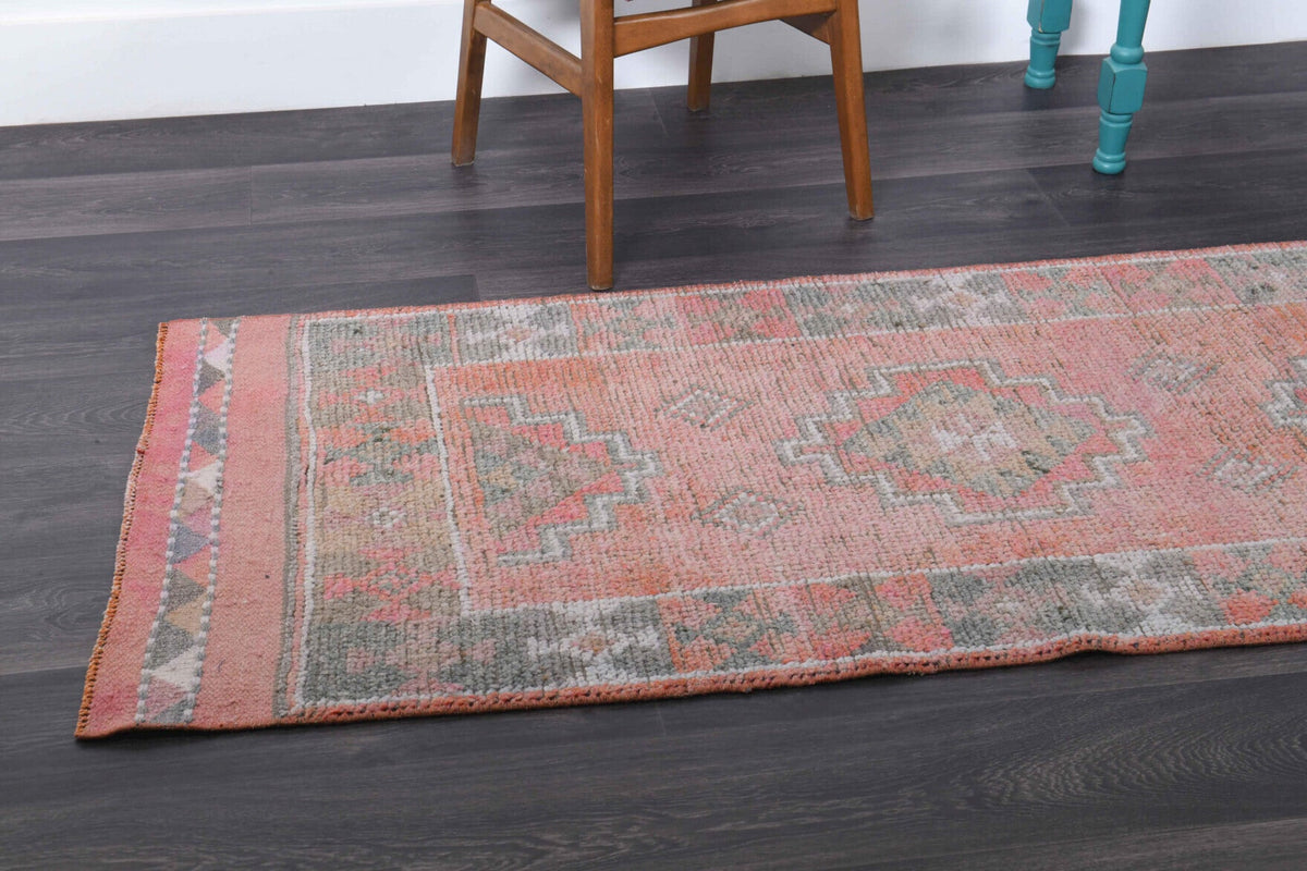 El yapımı vintage yolluk 86x345 cm tribal desenli yün - kenar ve saçak detayı