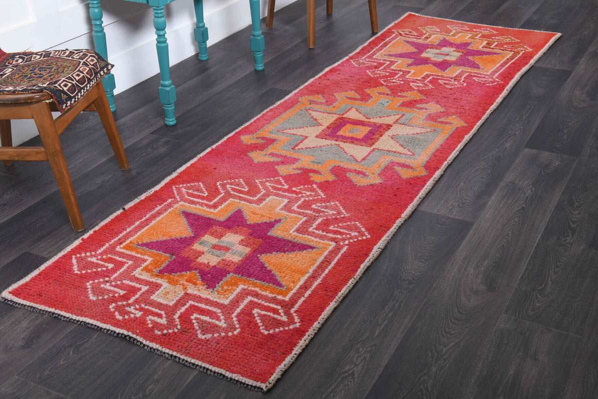 El yapımı vintage yolluk 89x300 cm oryantal desenli yün - yakın çekim doku detayı