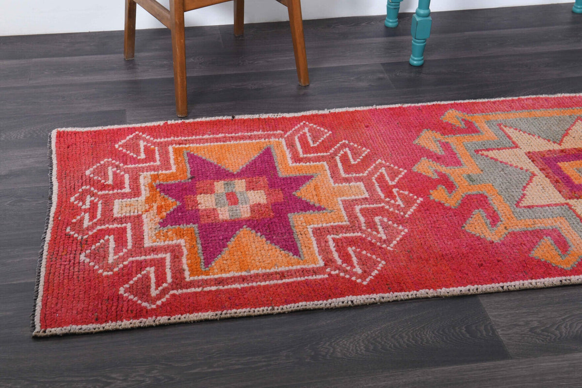 El yapımı vintage yolluk 89x300 cm oryantal desenli yün - kenar ve saçak detayı