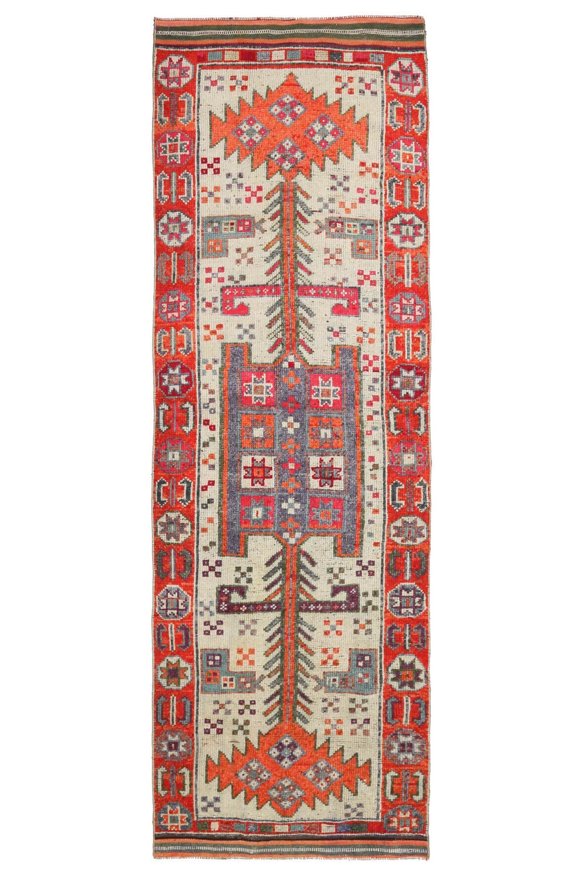 El yapımı vintage yolluk 112x363 cm i̇kat desenli yün - ışık altında renk detayı