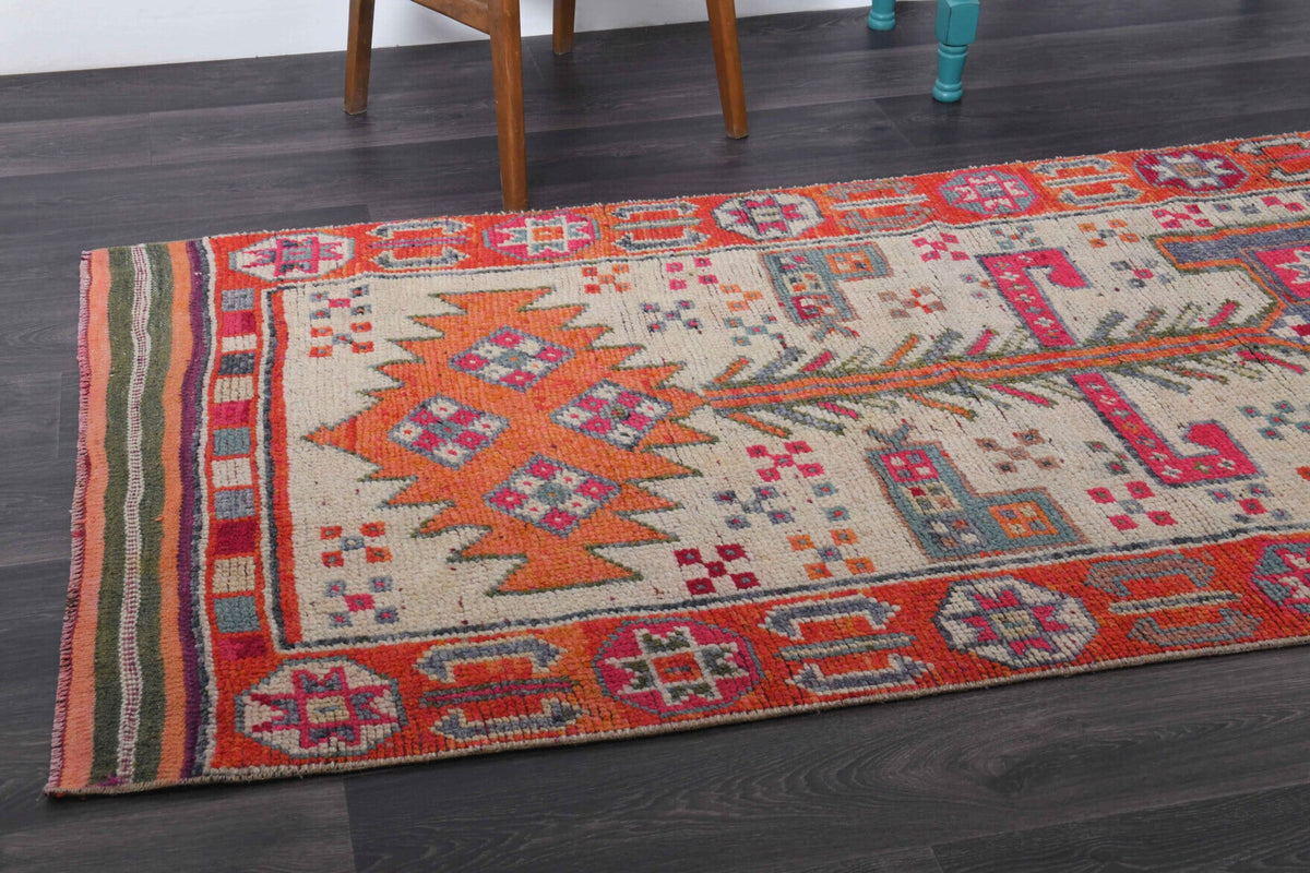 El yapımı vintage yolluk 112x363 cm i̇kat desenli yün - kenar ve saçak detayı