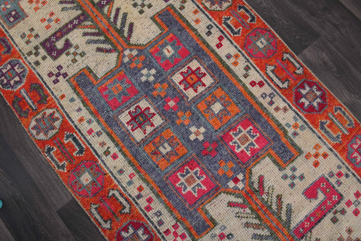 El yapımı vintage yolluk 112x363 cm i̇kat desenli yün - üstten görünüm