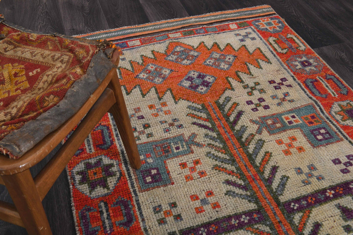 El yapımı vintage yolluk 112x363 cm i̇kat desenli yün - açık alan görünümü