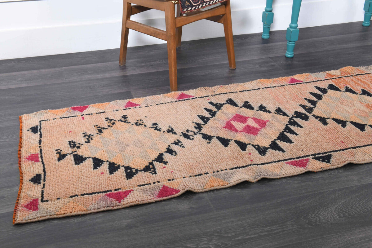El yapımı vintage yolluk 79x340 cm oryantal desenli yün - kenar ve saçak detayı