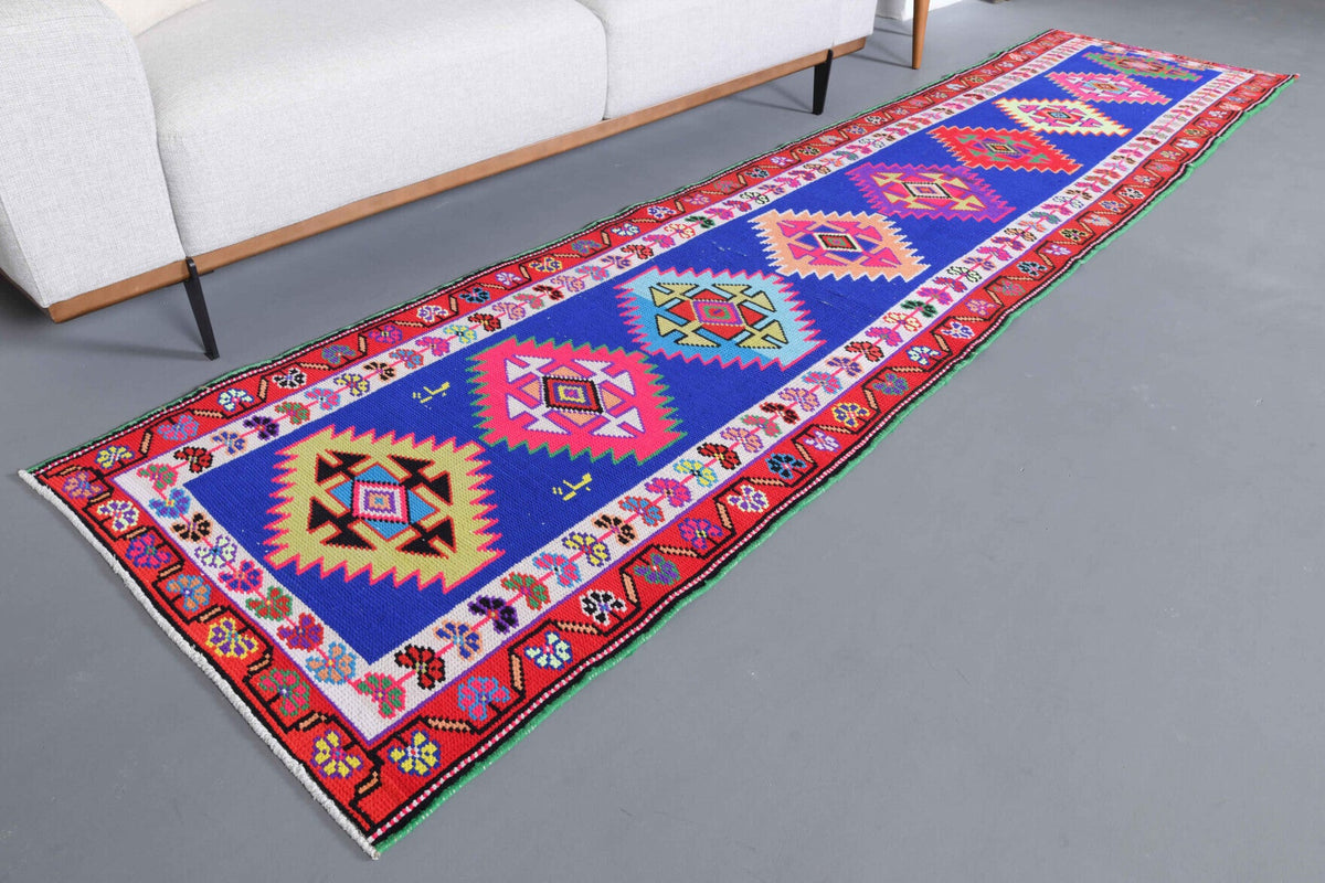El yapımı vintage yolluk 61x335 cm i̇kat desenli yün - yakın çekim doku detayı
