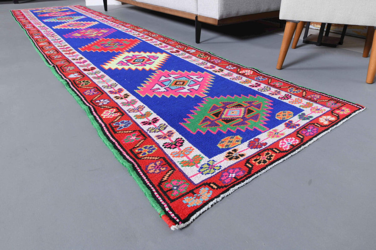 El yapımı vintage yolluk 61x335 cm i̇kat desenli yün - üstten görünüm