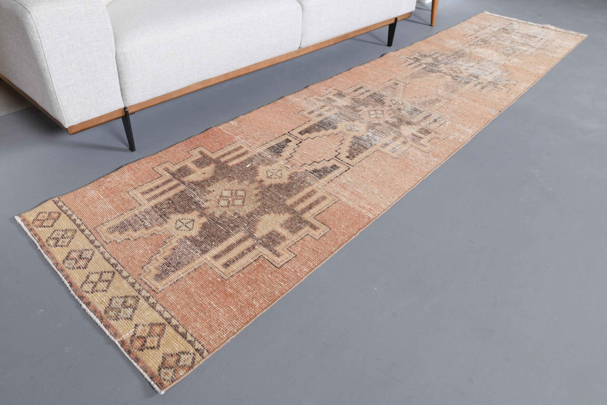 El yapımı vintage yolluk 79x361 cm geometrik desenli yün - yakın çekim doku detayı
