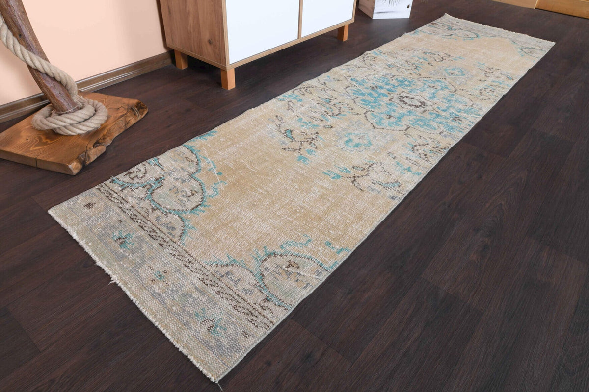 El yapımı vintage yolluk 74x272 cm oryantal desenli yün - yakın çekim doku detayı