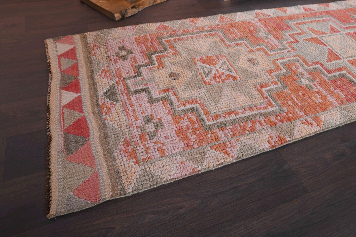 El yapımı vintage yolluk 91x307 cm geometrik desenli yün - kenar ve saçak detayı