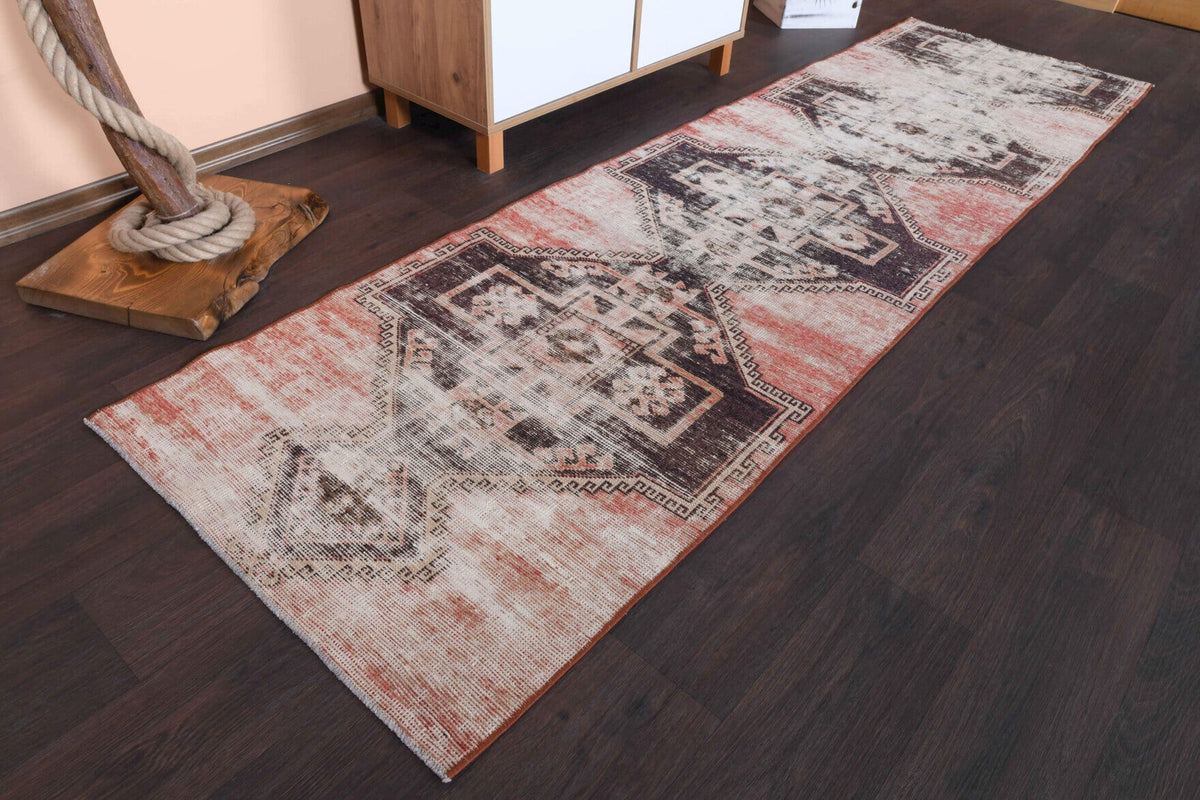 El yapımı vintage yolluk 79x277 cm oryantal desenli yün - yakın çekim doku detayı