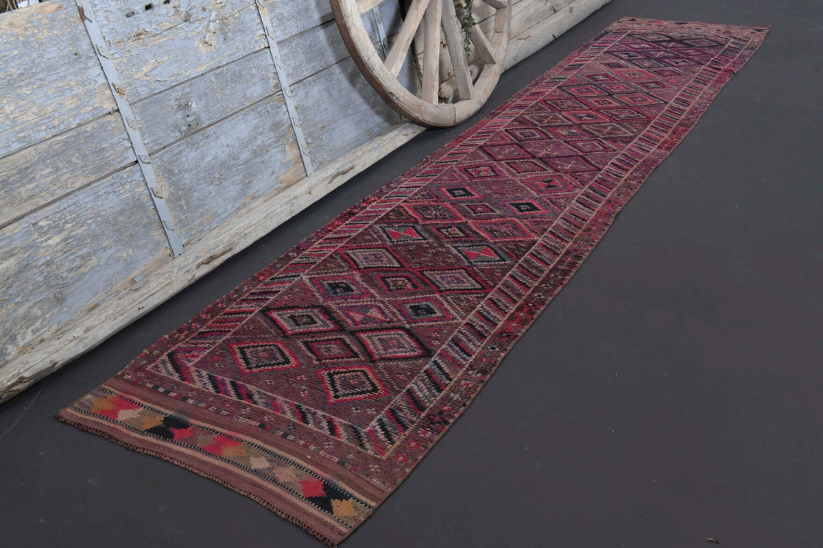 El yapımı vintage yolluk 61x366 cm baklava desenli desenli yün - yakın çekim doku detayı
