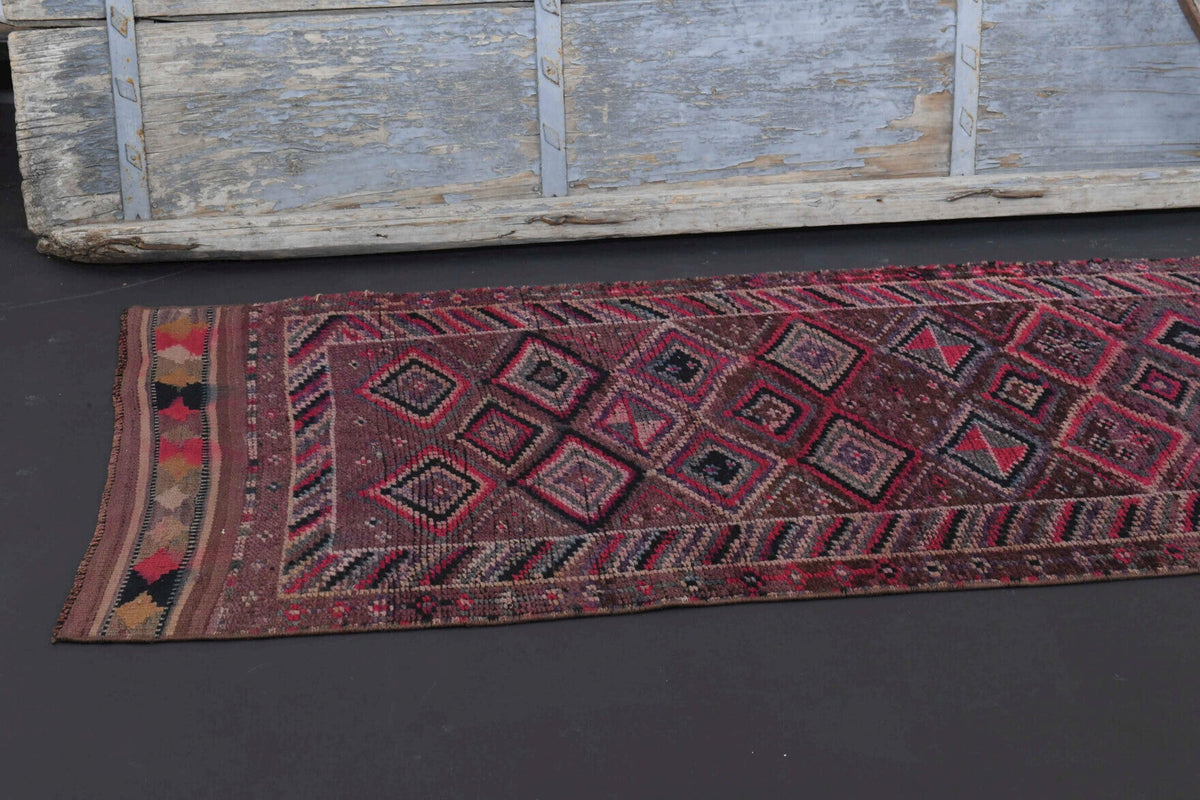 El yapımı vintage yolluk 61x366 cm baklava desenli desenli yün - kenar ve saçak detayı