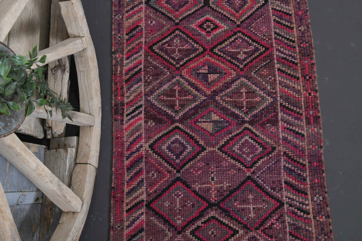El yapımı vintage yolluk 61x366 cm baklava desenli desenli yün - üstten görünüm