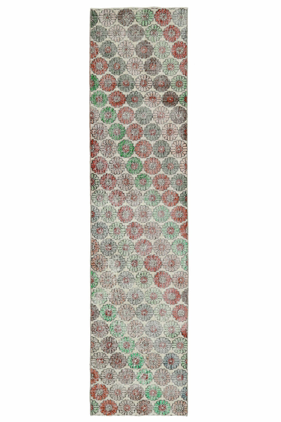 El yapımı vintage yolluk 64x277 cm çiçek desenli desenli yün