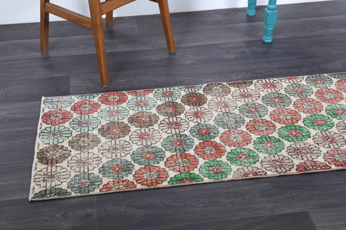 El yapımı vintage yolluk 64x277 cm çiçek desenli desenli yün - kenar ve saçak detayı