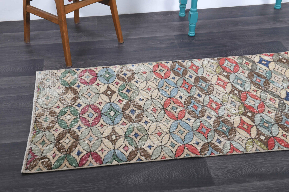 El yapımı vintage yolluk 86x272 cm kareli desenli yün - kenar ve saçak detayı