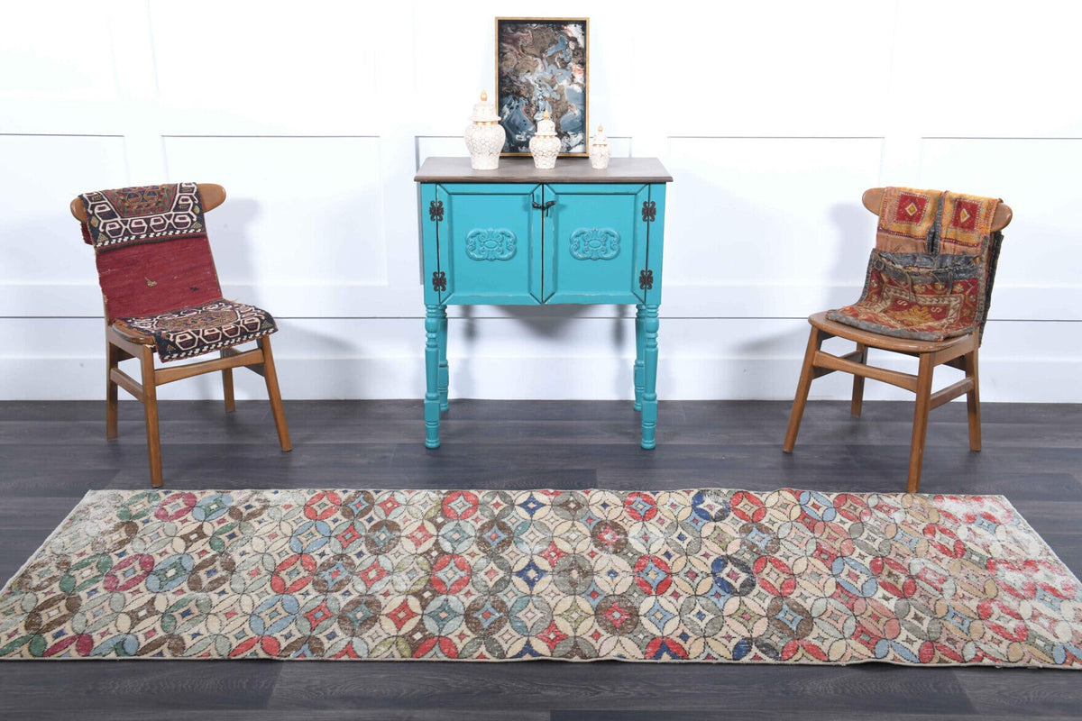 El yapımı vintage yolluk 86x272 cm kareli desenli yün - desen detayı