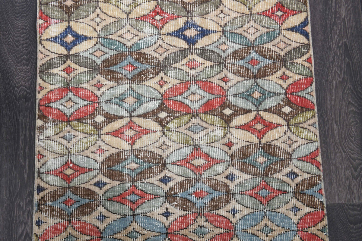El yapımı vintage yolluk 86x272 cm kareli desenli yün - üstten görünüm