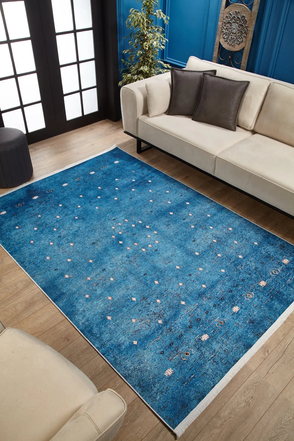 Mavi Minimal Geometrik Desenli Kilim Halı