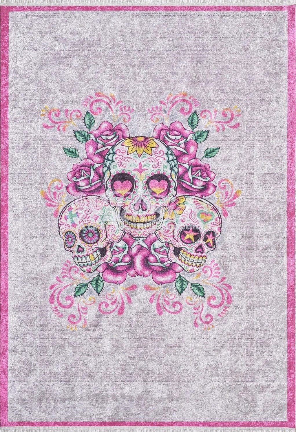 Pembe ve Gri Sugar Skull (Kuru Kafa) Desenli Modern Halı