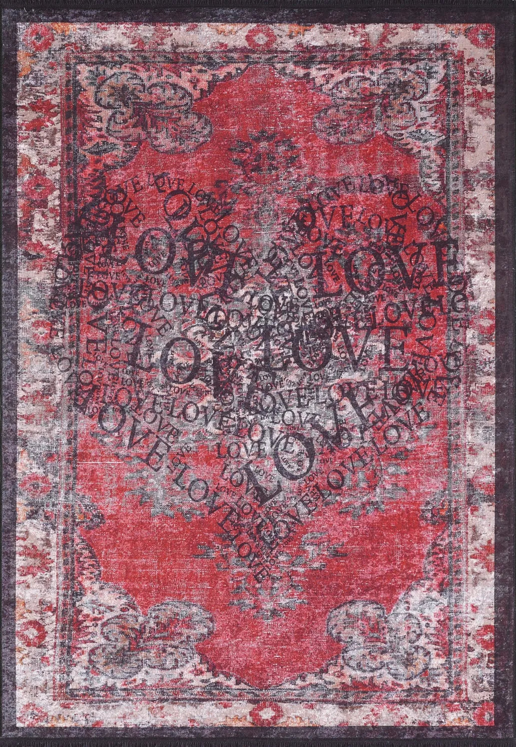 Kırmızı Kalp ve "LOVE" Yazılı Vintage Temalı Modern Halı