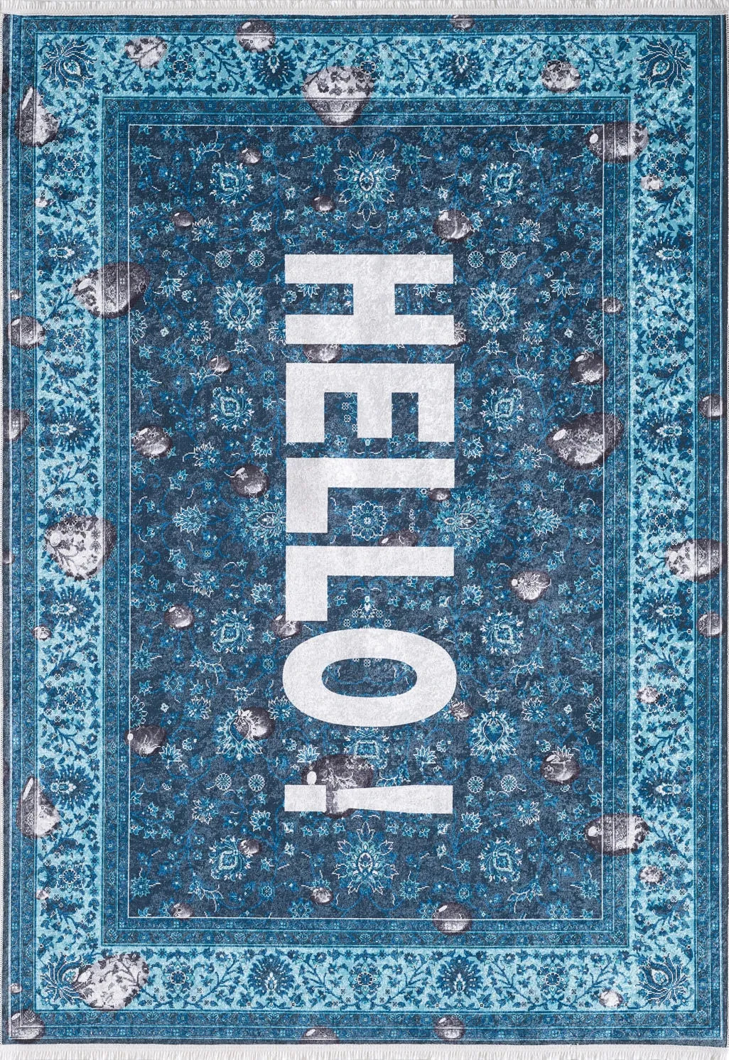 Mavi "HELLO!" Yazılı Modern Karşılama Halısı