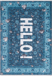 Mavi "HELLO!" Yazılı Modern Karşılama Halısı