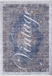 Mavi "Vintage" Yazılı Eskitme Desenli Modern Halı