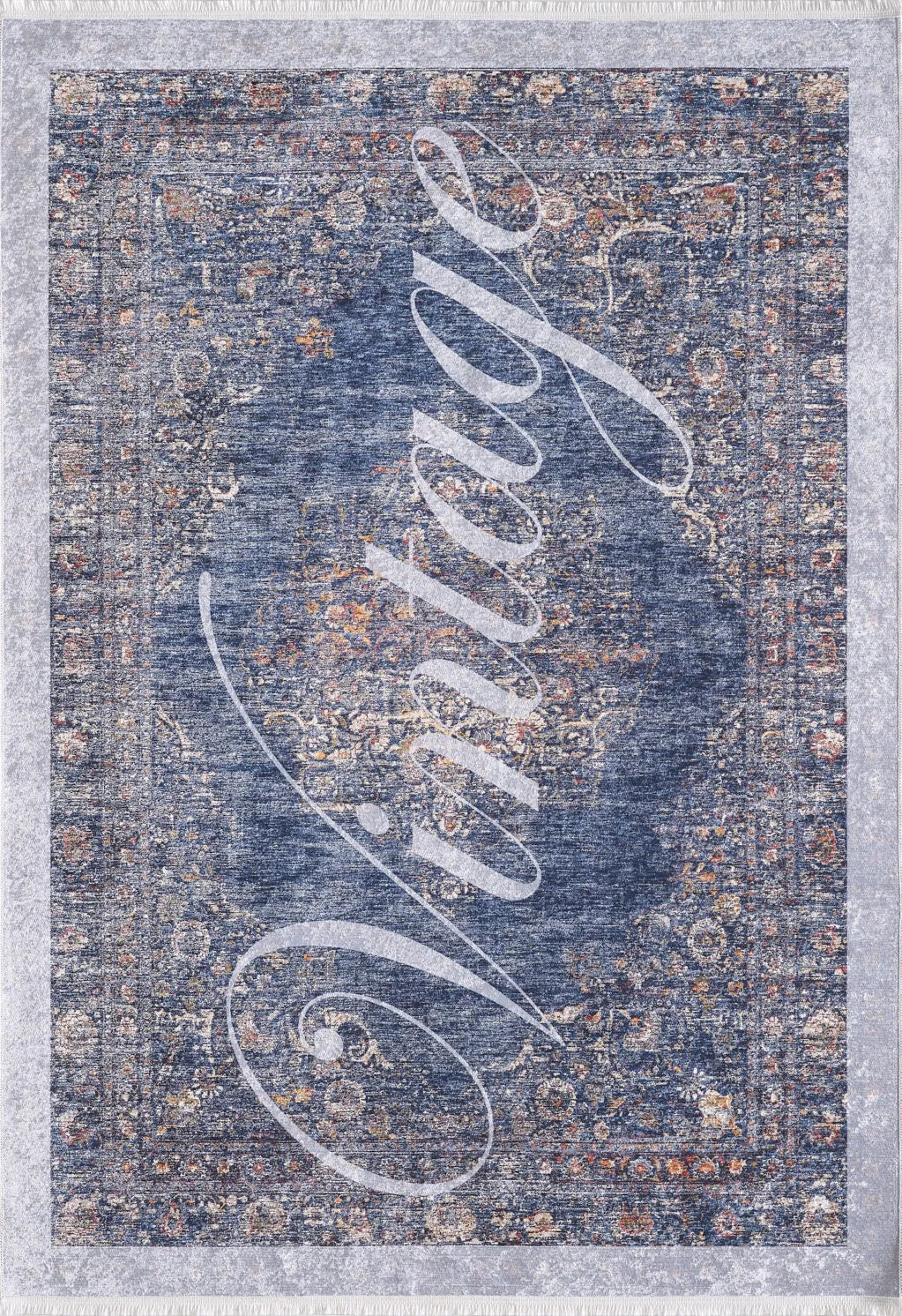 Mavi "Vintage" Yazılı Eskitme Desenli Modern Halı