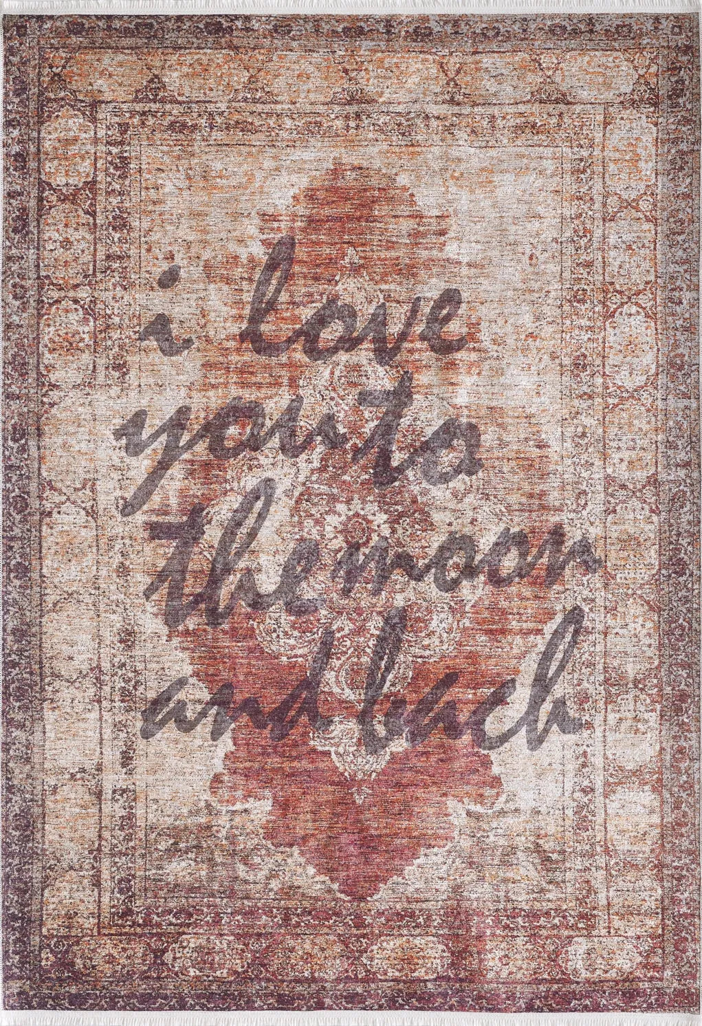 Kiremit "I Love You To The Moon And Back" Yazılı Vintage Halı