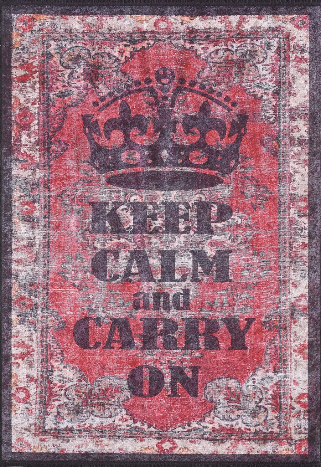 Kırmızı "Keep Calm and Carry On" Yazılı Vintage Halı
