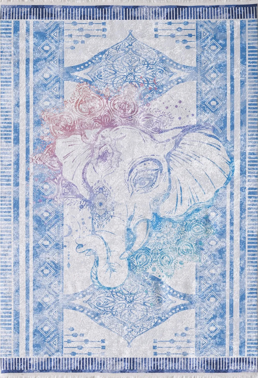 Mavi Fil ve Mandala Desenli Etnik Halı