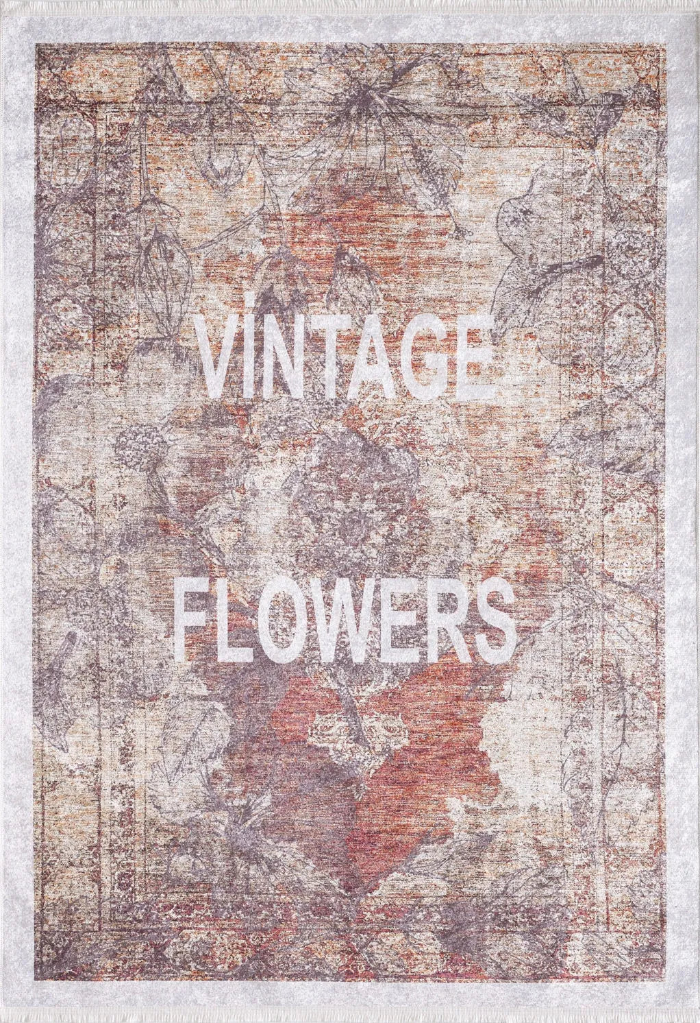 Kiremit ve Toprak Tonlu "Vintage Flowers" Yazılı Halı