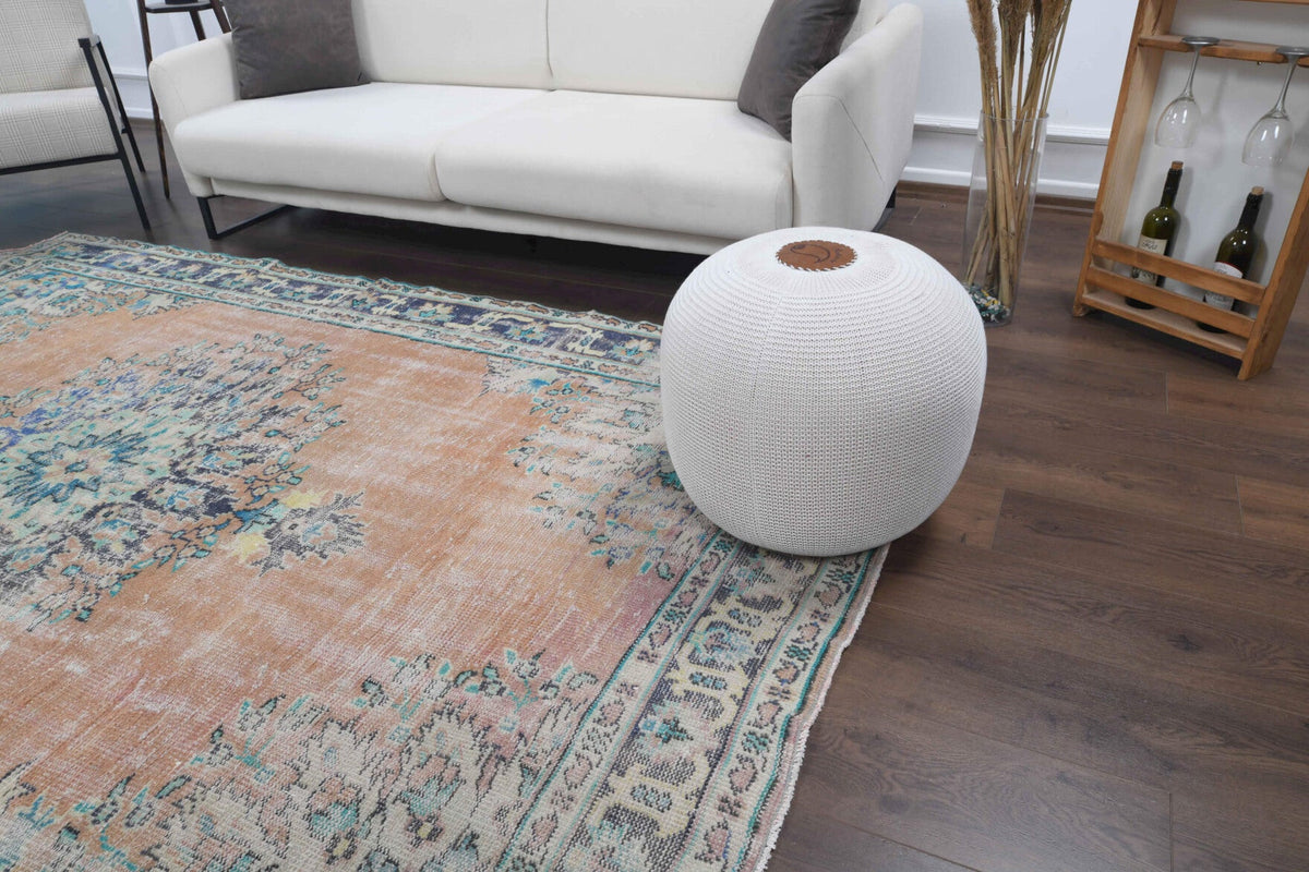 El yapımı vintage halı 183x274 cm oryantal desenli yün - yakın çekim doku detayı